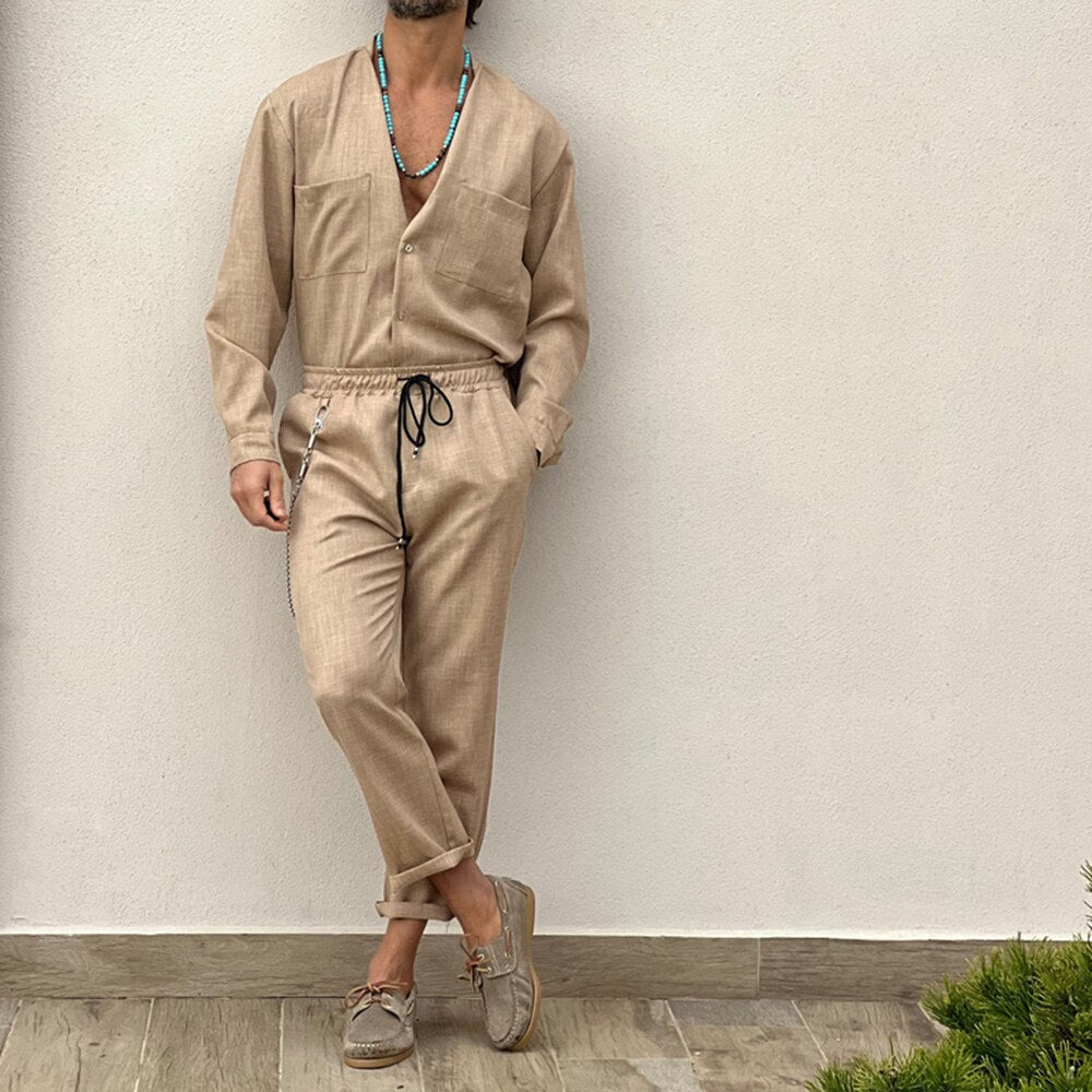 2023 Casual Cotton and Linen Suit Men's Casual Summer Vacation Solid Color Short-sleeved Shirt Straight Trousers Two-piece Set