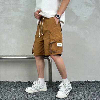 Tooling Shorts Men's Summer Loose Solid Color Five-point Beach Pants Trendy Ins Drawstring Multi-Pocket Short Pants Male