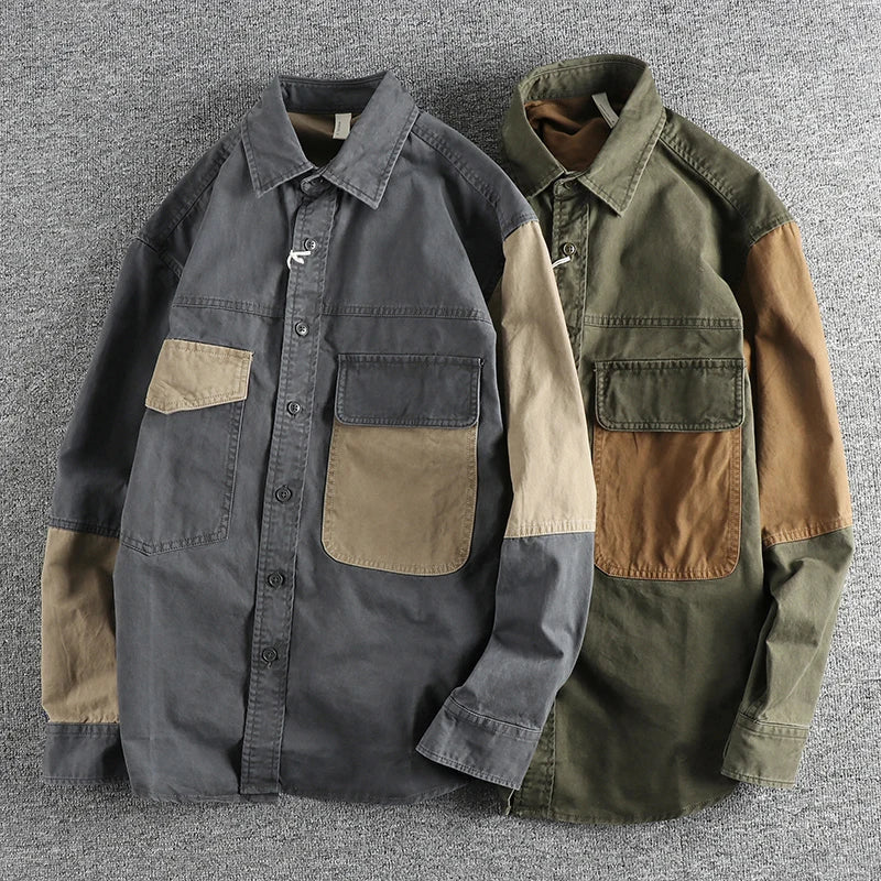 Autumn Men's Vintage Color Block Workwear Jacket Casual Loose Shirt
