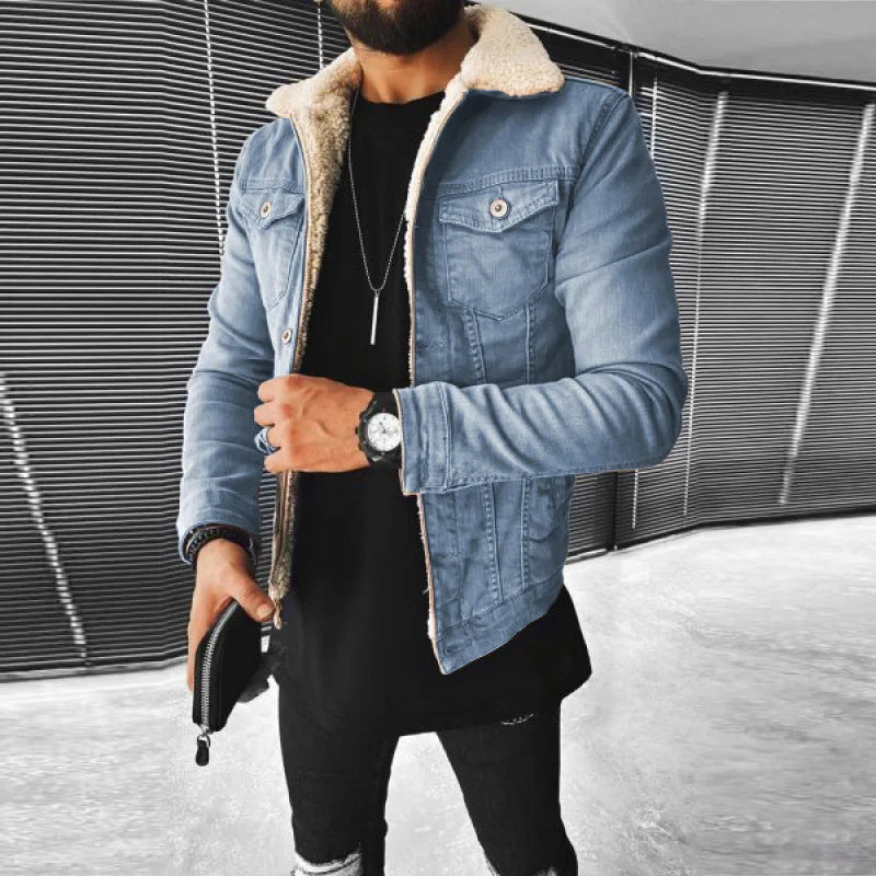 Autumn Winter Men Thickened Denim Jacket Imitation Lamb Wool Solid Color Warm Coat Loose Comfortable Fashionable Street Top