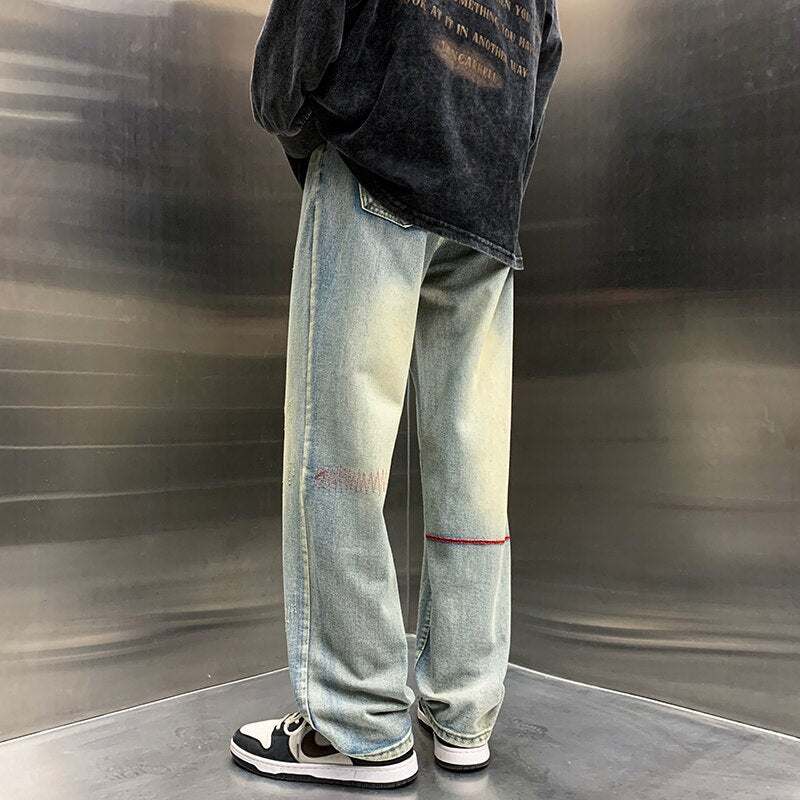 New Spring 2023 Men Baggy Straight Jeans Hip Hop Streetwear Y2K Vintage Fashion Trousers Embroidery Scratch Wide-leg Denim Pants