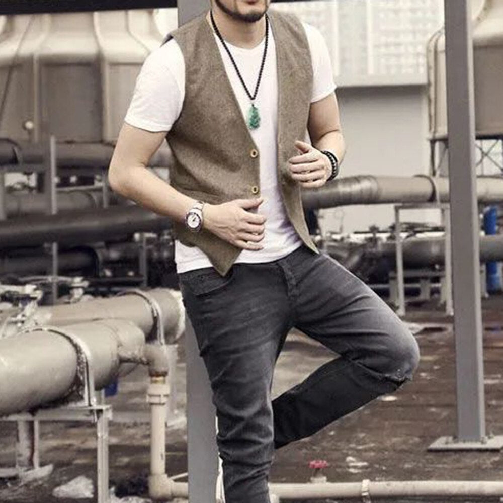 Men's Business British Style Retro Linen Vest Summer Thin Section Slim Three Button V-Neck Slim Gentleman Casual Formal Vest