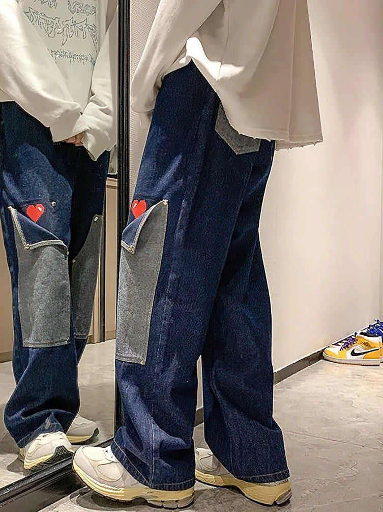 Harajuku Wide Leg Baggy Jeans Pants Men Love Heart Oversize Straight Denim Buttton Cargo Long Trousers Streetwear Student New