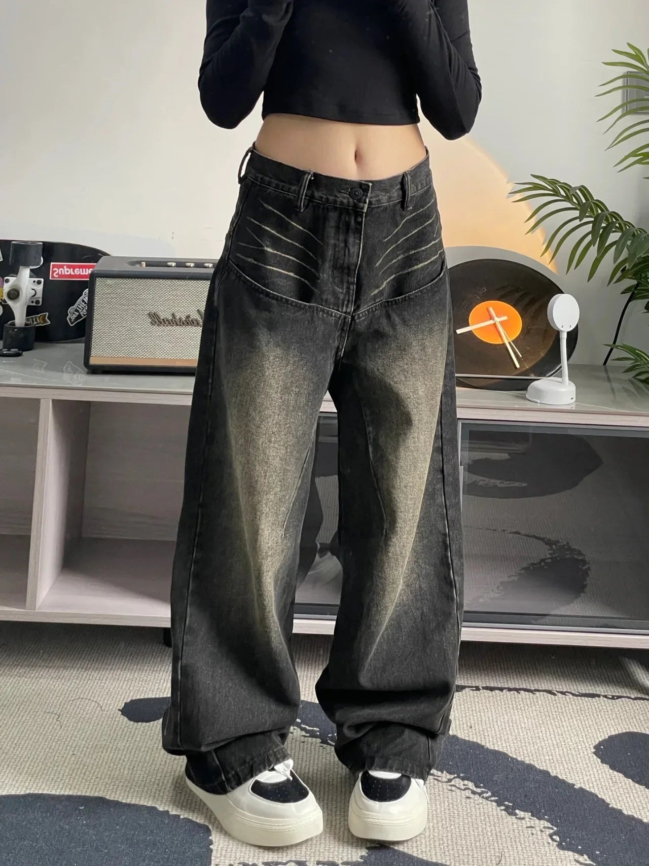 Spring and Autumn American style washed black jeans, men's and women's high street spicy girls straight tube wide leg long pants