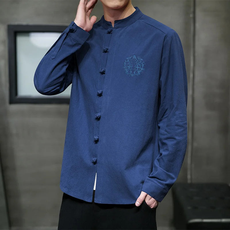 New Spring Autumn Men Chinese Style Cotton Linen Shirt Men Solid Color Loose Long Sleeve Single Breasted Shirts Mensa Clothing