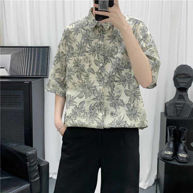 Summer New Beach Print Men Shirts Hip Hop Short Sleeve Button Down Blouse Fashion Loose Tops Teens