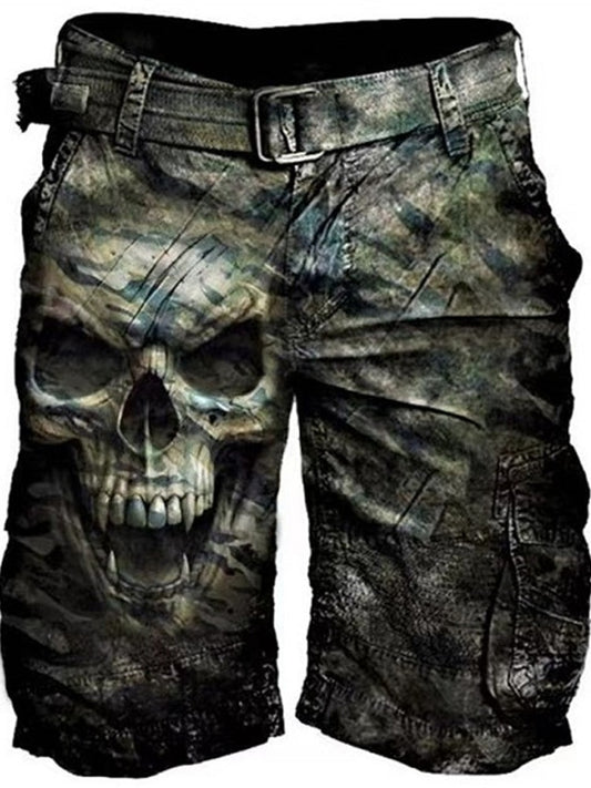 Vintage Mens Cargo Shorts Summer Casual Mid Waist Stitching Pockets Loose Short Pant Fashion Skull Printed Shorts Men Streetwear