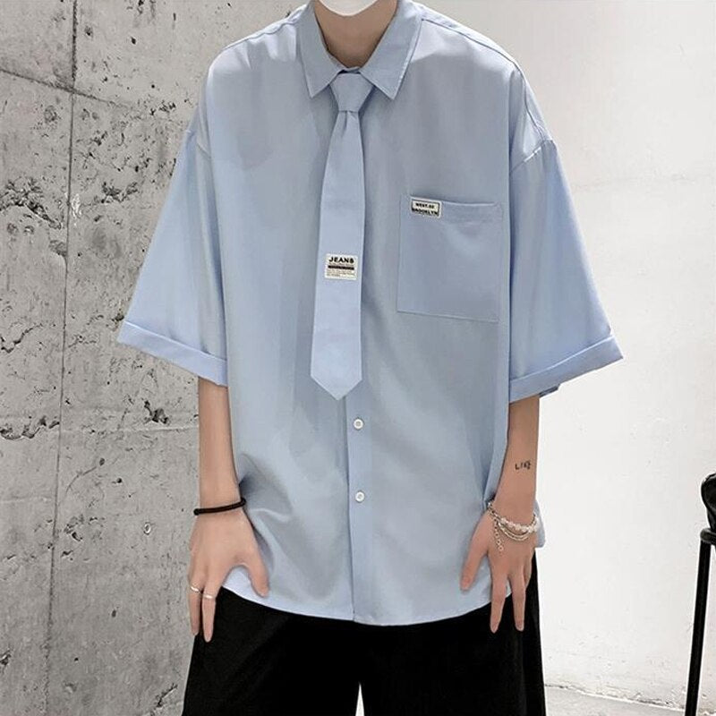 Summer New Button Down Shirts with Tie Mens Harajuke Loose Point Collar Half Sleeve Silk Blouse for Teen