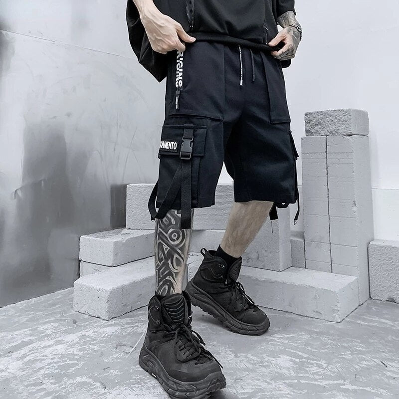 Men's Shorts Cargo Pants Man Casual Shorts Black Cargo Trousers Male Summer Gym Shorts Japanese Hip Hop Techwear Ribbons