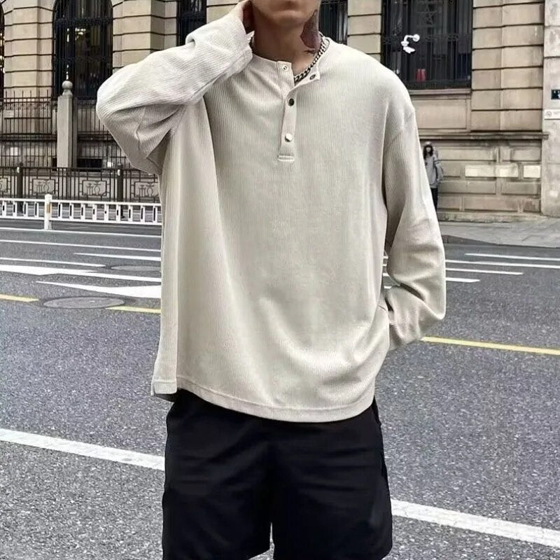 Streetwear Fashion Sweatshirt Men Vintage Crew Neck Button-up Oversize Hoodie Spring Autumn Casual Loose Long Sleeve Sweatshirts