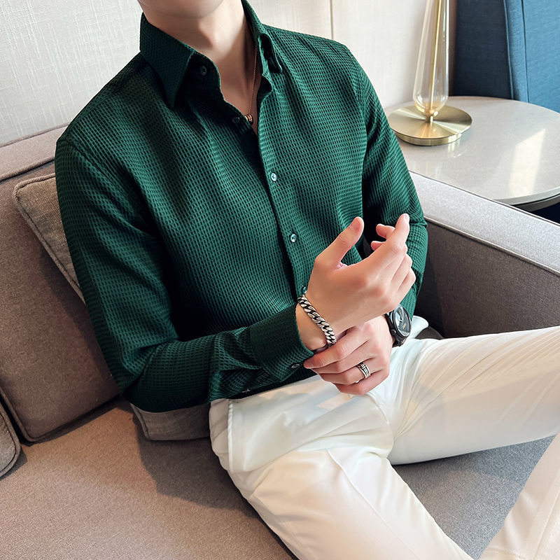 Fashion Lapel Button Solid Color Casual Shirt Men's Clothing  Autumn New All-match Tops Long Sleeve Loose Korean ShirtS