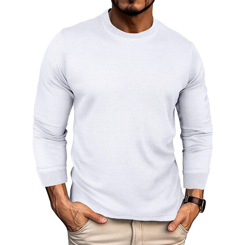 High Quality Waffle T-shirts For Men Casual Loose Long Sleeve O Neck Bottom T Shirt Autumn Mens Clothing Leisure Pullovers Tops