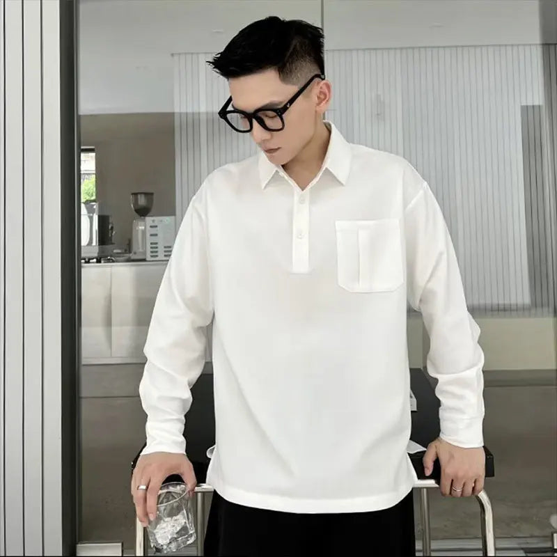 Elegant Fashion Harajuku Slim Fit Blusa Solid Button Pockets Thin Style Long Sleeve POLO Shirt Casual All Match Male Clothes