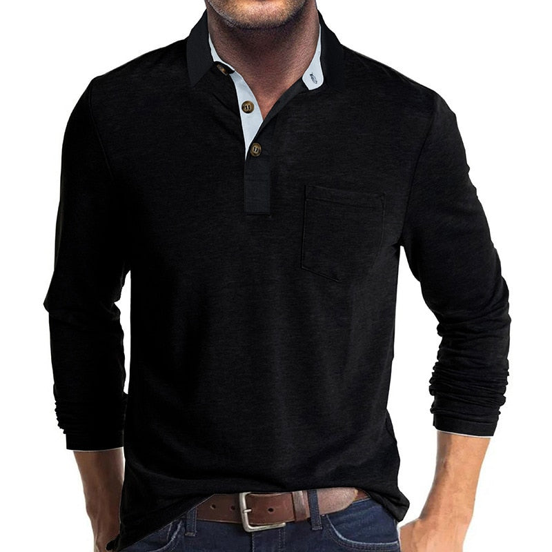 New Autumn Men's Polo Shirts Solid Color Long Sleeve Turn Down Collar Polo Shirts Men Fashion Pocket Casual Slim Tops Tees Man