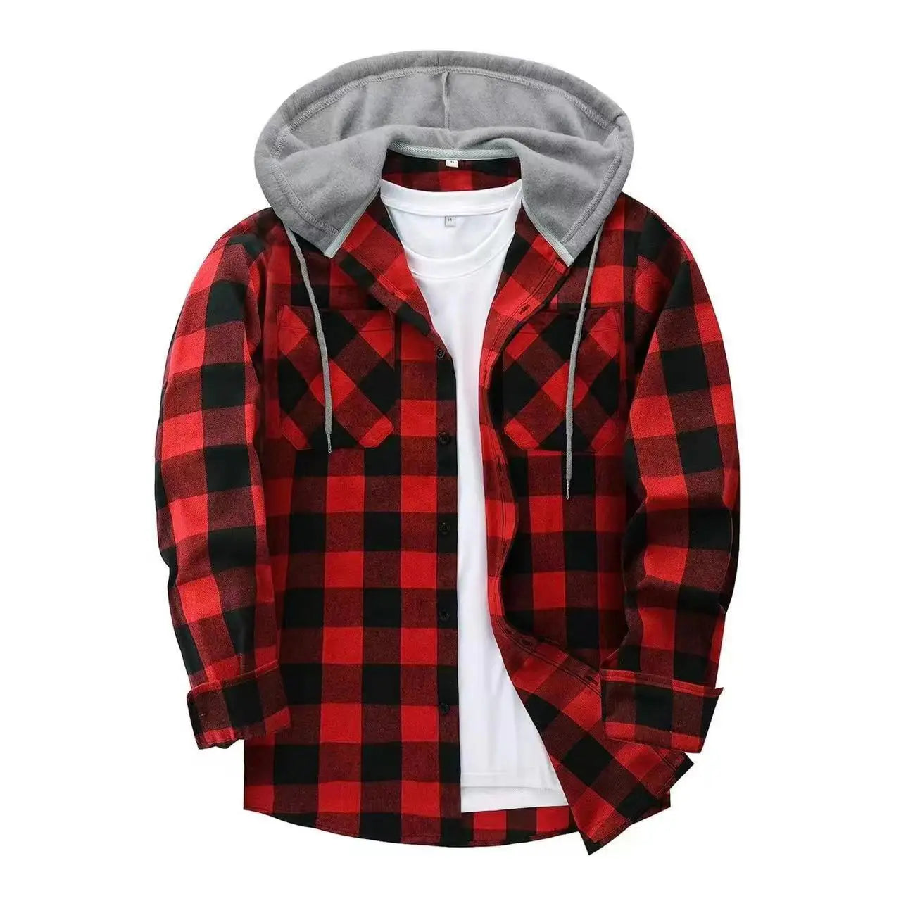 FORUWISH  - Men's Shirts Classic Plaid Casual Button Down Hooded Long Sleeved Double Pockets Shirt Hoodie Flannel Jacket Spring Autumn Tops