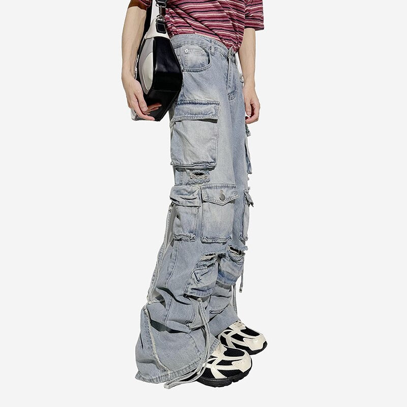 Spring Summer Men's Fashionable High Street Techwear Jeans Tide Worn Out Baggy Streetwear Ribbon Safari Style Pants 12A9804