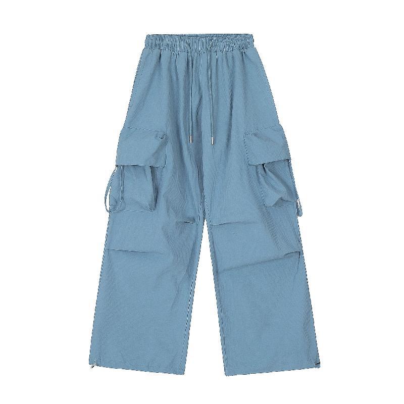 Blue Big Pocket New American Retro Straight Cargo Pants Men's Fashion Brand Summer Casual Loose Lovers Wide Leg Long Trousers