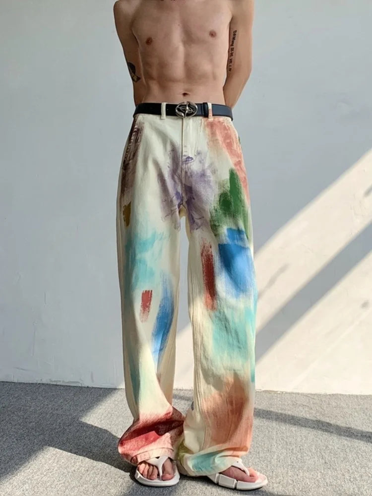 Oldschool Hand-painted Oil Painting Jeans with Colorful Paint Style, High-end Pants, Trendy Floor Mops