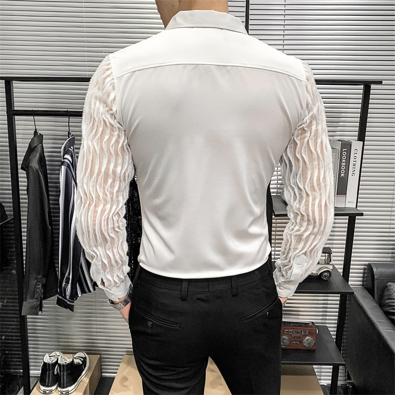 Sexy Transparent Stripe Shirt Men 2023 Harajuku Fashion White Button Down Korean Long Sleeve Casual Dress Shirt Singer Costume