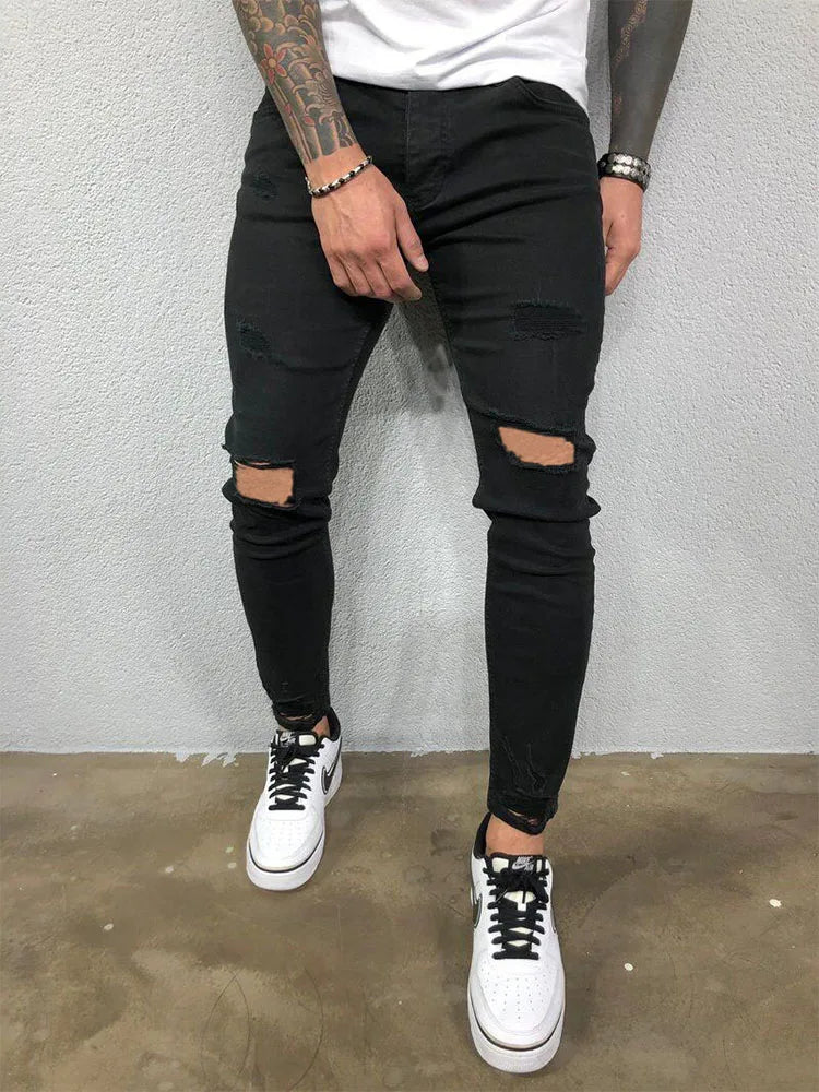 FORUWISH  -  Fashion Street Style Knee Ripped Skinny Jeans Men Vintage Wash Solid Denim Trouser Mens Casual Slim Jogging Pants Men Clothes