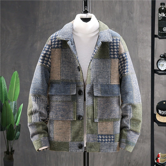 Men's Plaid Woolen Coat Men's Spring and Autumn Korean Version of The Lapel Woolen Coat Winter Thick Casual Jacket Men Clothing