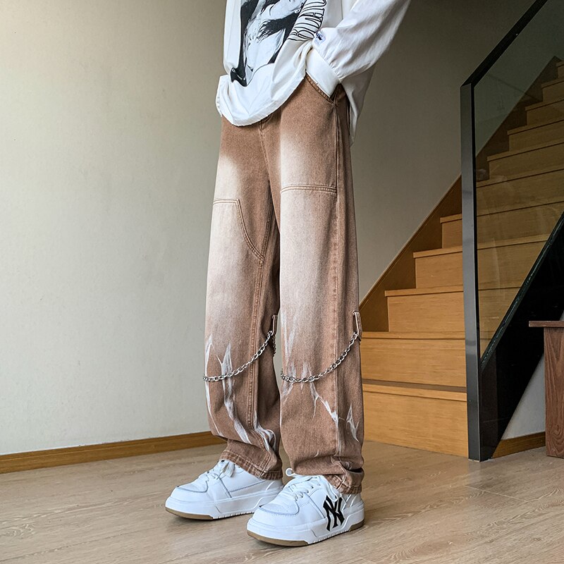 Men's Tie-dyed Straight Jeans Hip Hop Neutral Denim Trousers Loose Wide Leg Street Cargo Pants Man chain Baggy Jeans Large 5xl