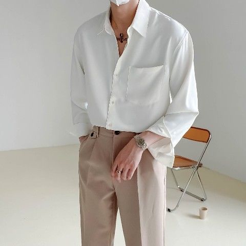 Spring New Senior Long Sleeve Button Down Shirts for Men Korean Fashion Loose Drape Solid Color All-match Men's Shirt Blouse