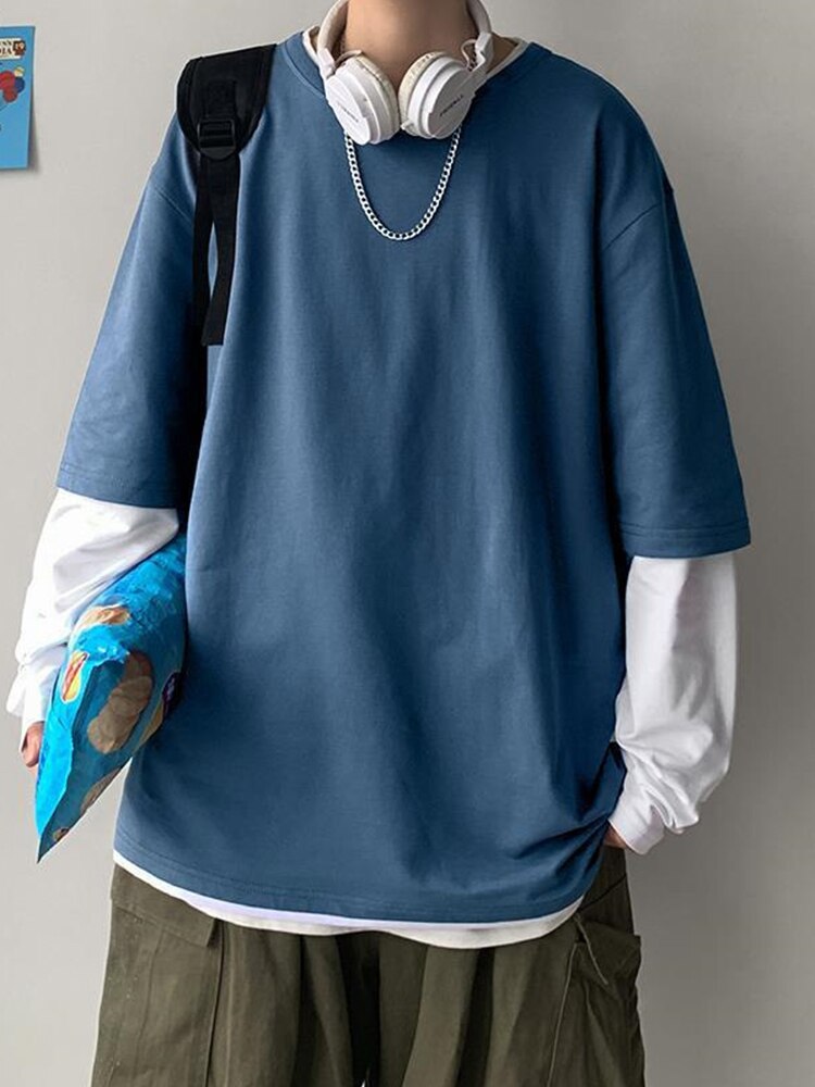 Autumn Men's Casual Long Sleeve T Shirt Plus size Sweatshirts Male Korean Fashion Oversized Tees Clothes Blue Fake Two Tshirt