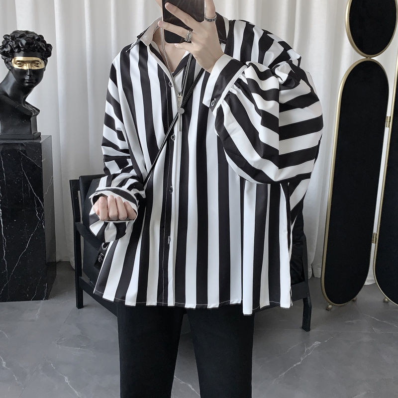 Fashion Lapel Spliced Button Korean Striped Shirt Men's Clothing  Autumn New Loose Casual Tops Long Sleeve All-match Shirt