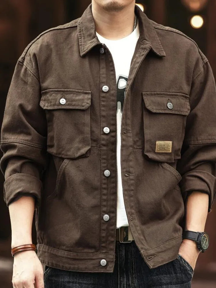 2024 Spring and Autumn New Fashion Solid Color Retro Cargo Jacket Men's Casual Loose Comfortable Large Size Cotton Denim Coat