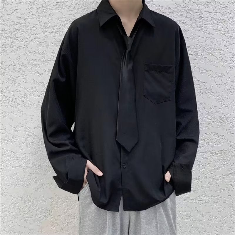 White Solid Shirts With Tie Men's Oversize Long Sleeve Casual Cardigan Fashion Spring Autumn Blouses Unisex Daily All-match Tops