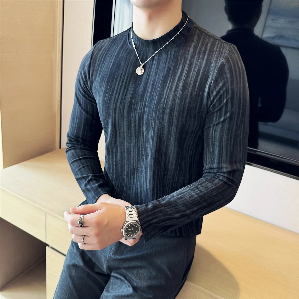 FORUWISH  -  Cotton Striped T Shirt Gradient Mock Neck Men Slim Fit Tshirt Male Office Business T shirts Man Casual Long Sleeve Top Tees