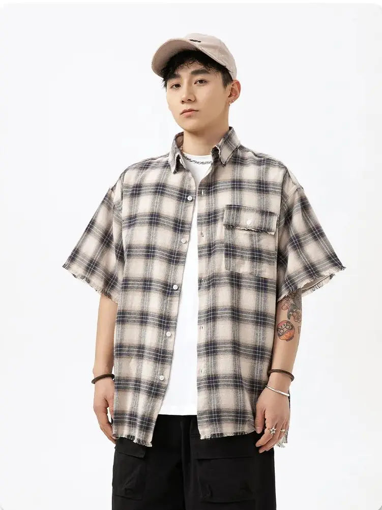 Raw Edge Tassel Destruction Design Short Sleeve Shirt Men and Women Summer Japanese Retro Versatile Loose Plaid Blouse Jacket