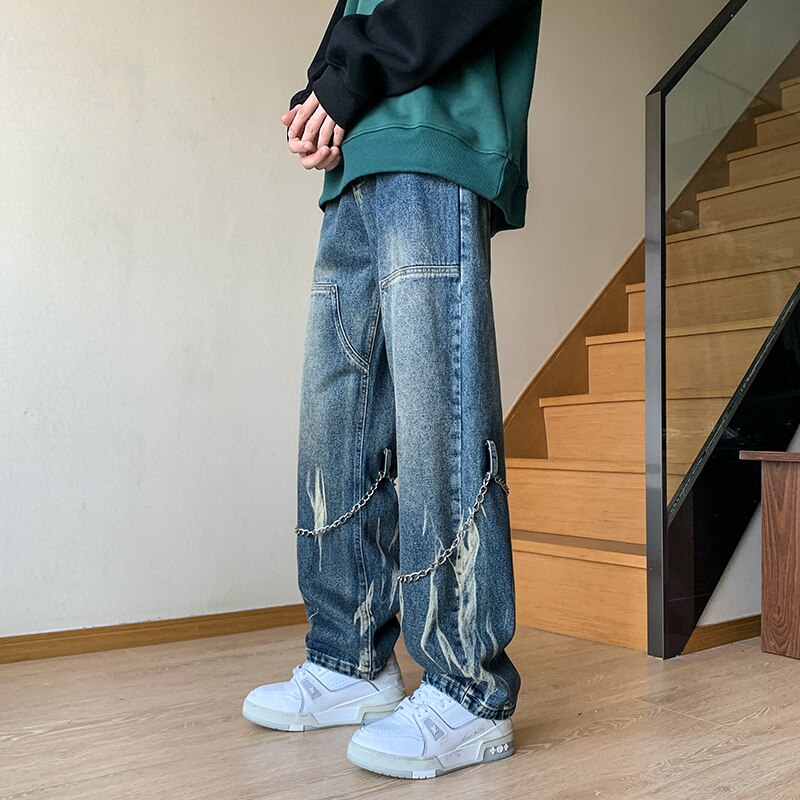 Men's Tie-dyed Straight Jeans Hip Hop Neutral Denim Trousers Loose Wide Leg Street Cargo Pants Man chain Baggy Jeans Large 5xl