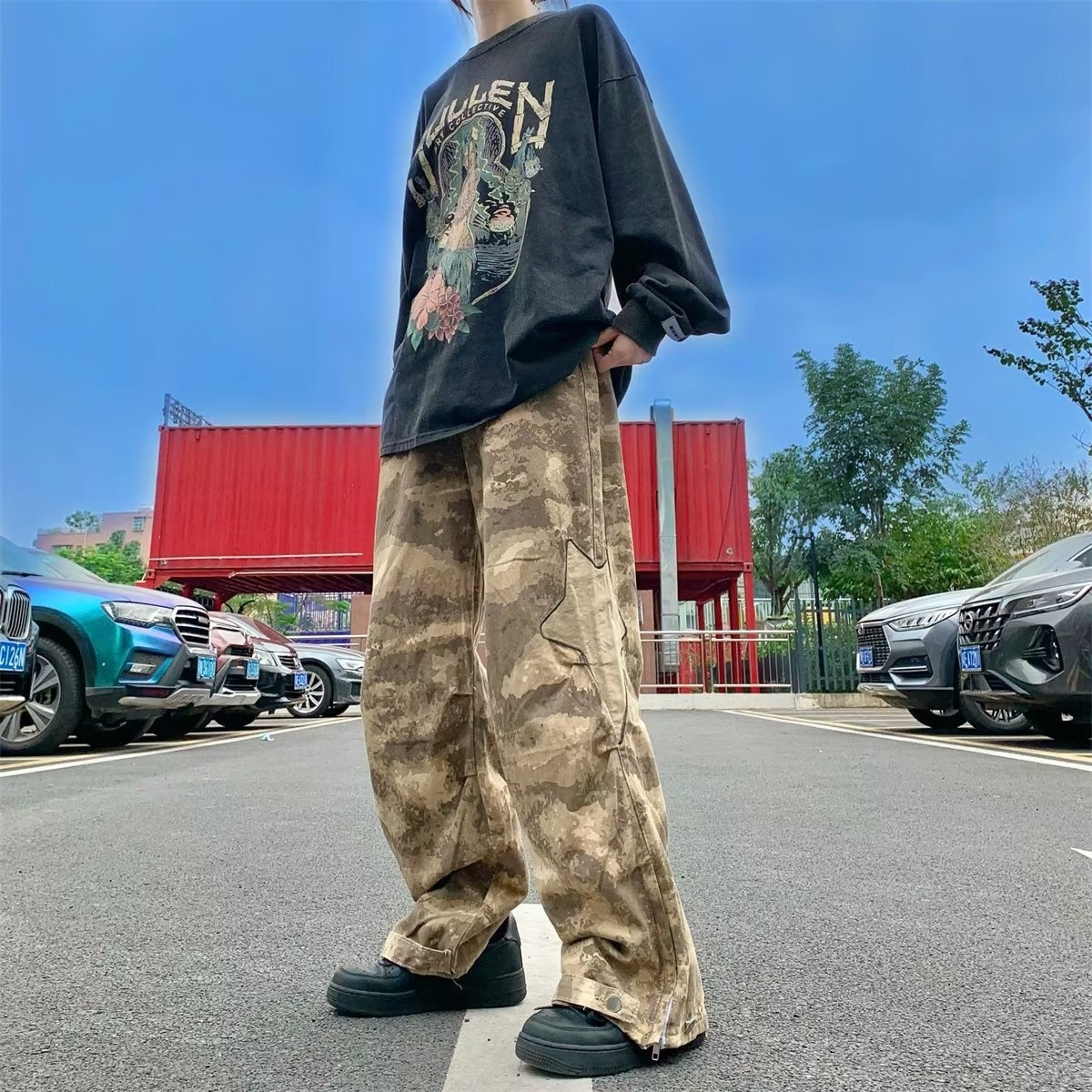 loose straight wide leg baggy camo army pants men's trend handsome versatile original pants japanese streetwear 2023 trousers