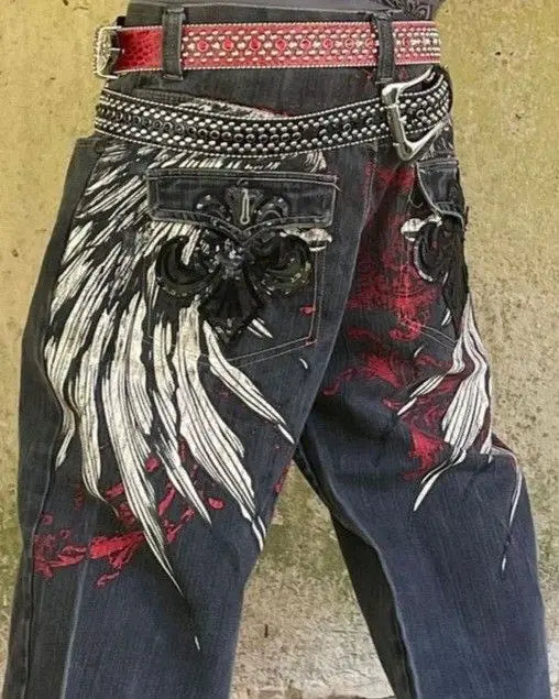 FOURWISH  -  American High Street Fashion Brand Retro Skull Killer Baggy Jeans Women's Y2K New Harajuku Hip-hop Punk Rock Gothic Wide Pants