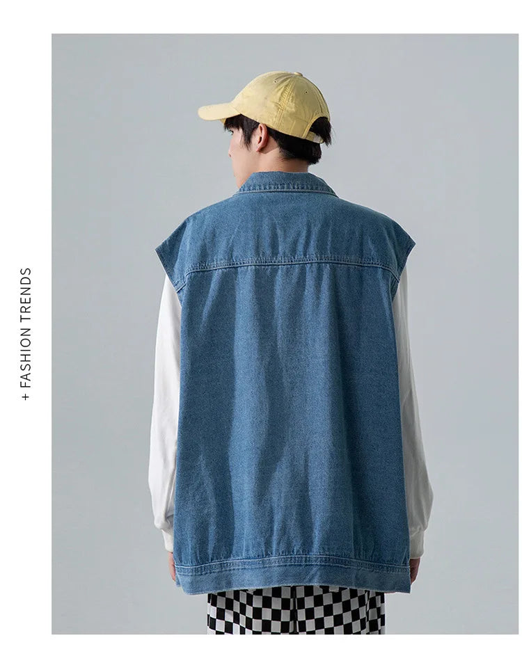 All Season Fashion Men's Solid Pocket Cool Boy Casual Loose Safari Style Tess Button Sleeveless Vest Denim Button Jacket Coat