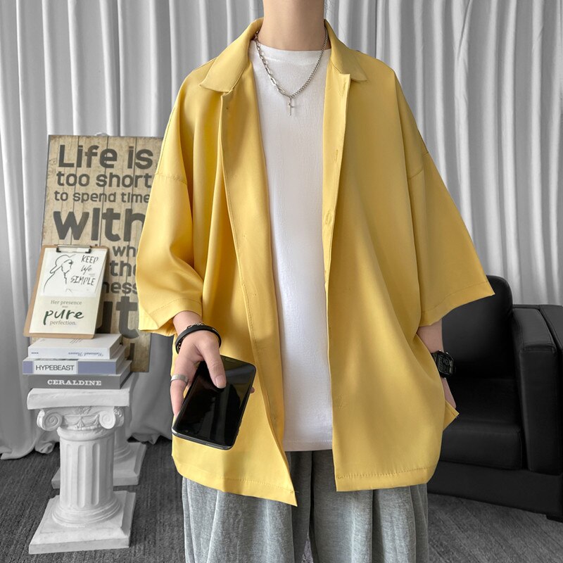 Solid Color Oversized Men's Shirts  Harajuku Men Casual Half Sleeve Shirt Tops Cool Summer Streetwear Man Blouse 6 Colors