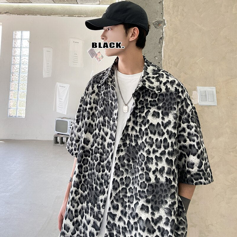 2023 Leopard Printed Shirt Men Loose Breathable Men's Shirts Summer Male Shirt High Street Casual Short Sleeve Tops