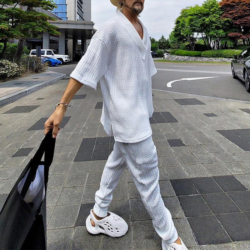 Fashion Loose V Neck Sweater Two Piece Set Men Spring Summer Casual Solid Short Sleeve Knit Tops And Pants Suits Mens Streetwear