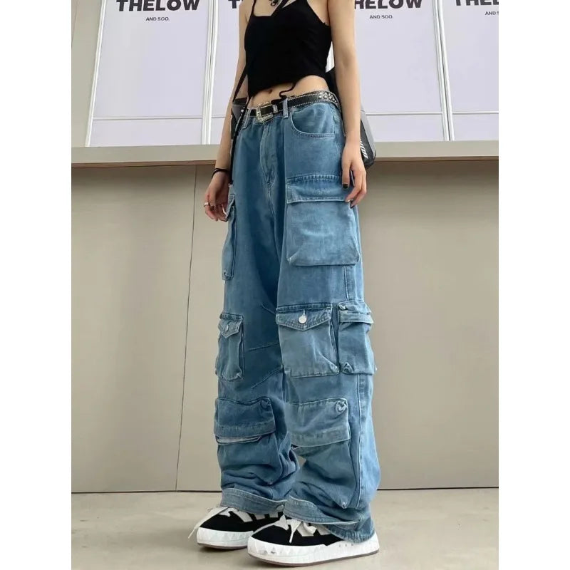 Multi-Pocket Blue Washed Jeans Cargo Pants Y2k Retro Streetwear Fashion High Waist Jeans Couple Harajuku Casual Wide Leg Pants