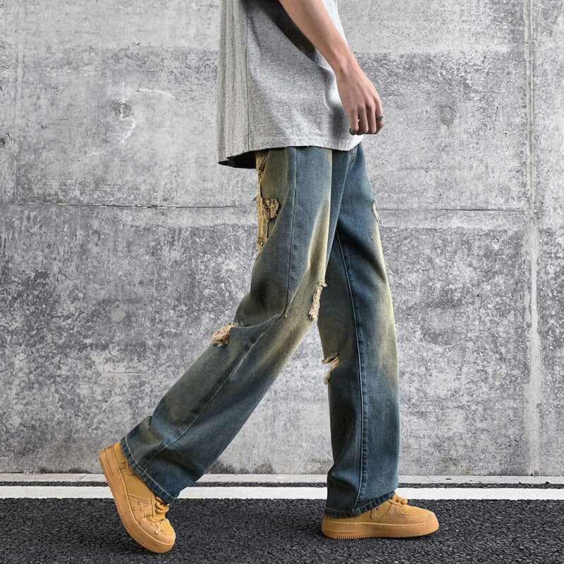 2023 Washed old torn jeans, men's summer American style street ruffians, handsome pants, trendy high street straight pants