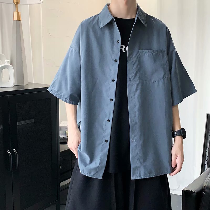 Black Short-sleeved Shirts Men Korean Comfortable Blouses Casual Loose Single Breasted Shirt