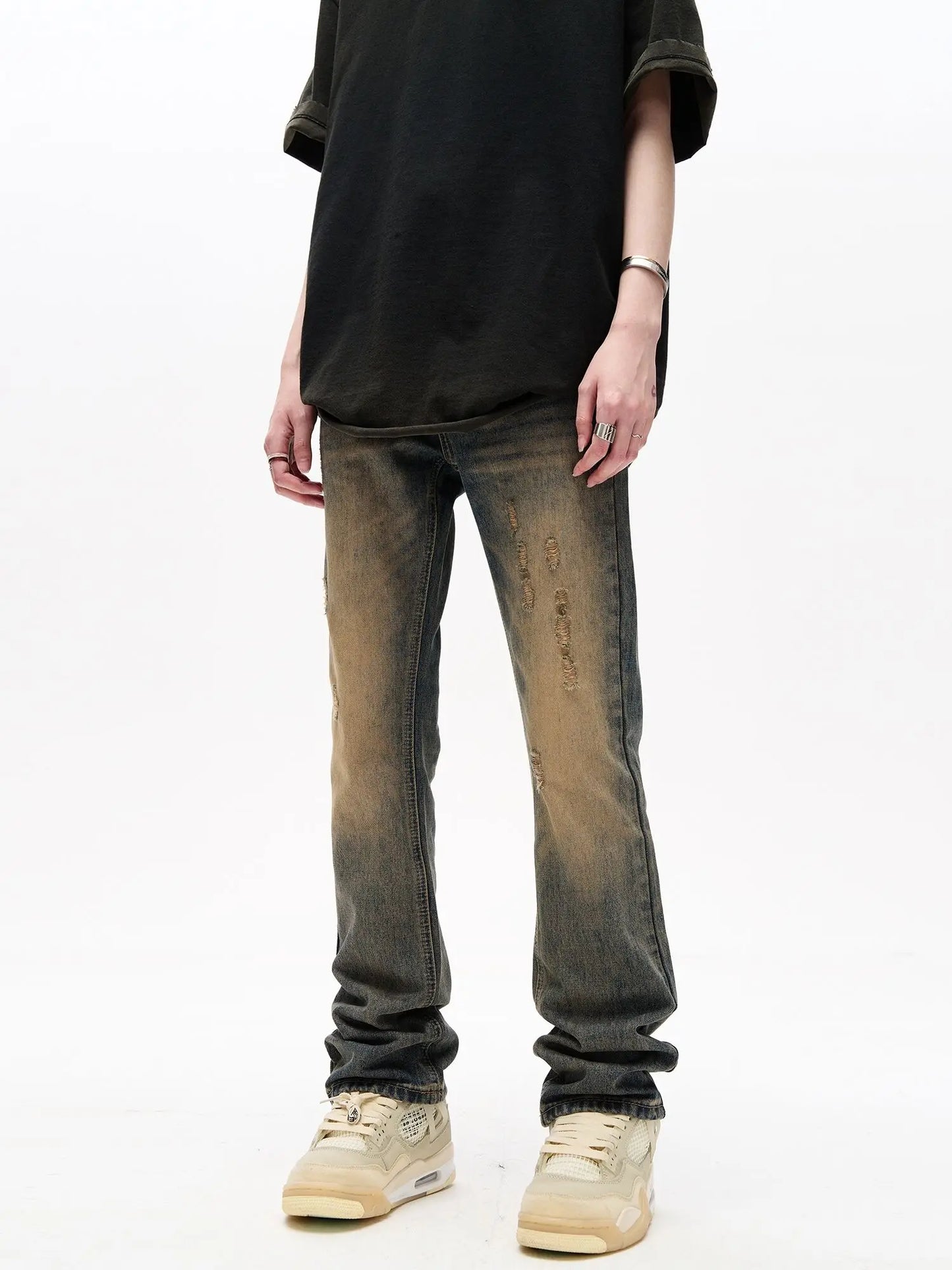 American Vibe Yellow Mud Dyed High Street Distressed Jeans for Men's Ins Trendy Slim Fitting Straight Tube Casual Long Pants