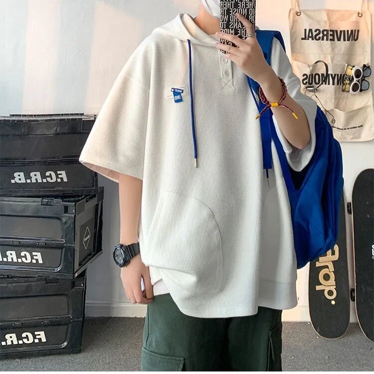 Spring Summer Fashion Solid Casual Men's Loose Sporty Cool Boys Soft College Style Waffle Hoodie Pullover Shirt Short Sleeve Top