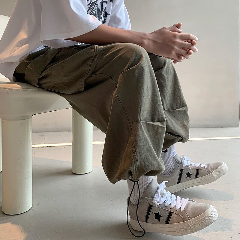 White/Green/Black Casual Pants Men Fashion Pocket Cargo Pants Men Streetwear Loose Hip Hop Wide Leg Pants Mens Trousers M-2XL