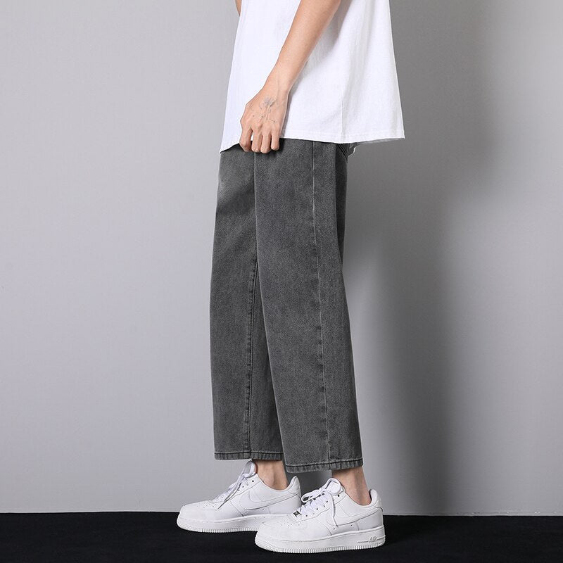 Autumn New Men's Street Loose Jeans Korean Fashion Elastic Waist Design Light Blue Denim Wide-Leg Pants Male Smoke Grey