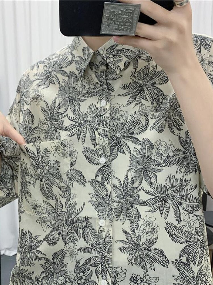 Summer New Beach Print Men Shirts Hip Hop Short Sleeve Button Down Blouse Fashion Loose Tops Teens