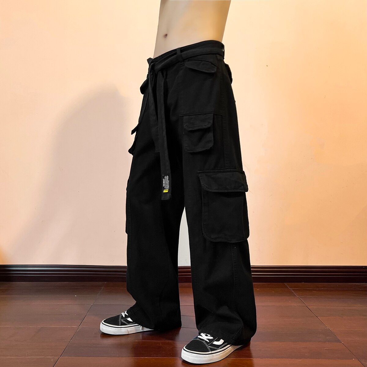 Multi-pockets Casual Hip-hop Cargo Pants Harajuku Men's Fashion Waistband Loose Wide Leg Pants Streetwear Mopping Trousers