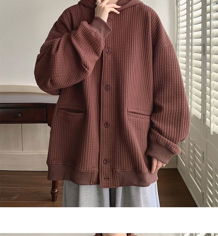 Spring Autumn Winter Fashion Casual Cardigan Jacket Men's Loose Cool Boys Soft Solid Button Hoodie Knitted Waffle Coat